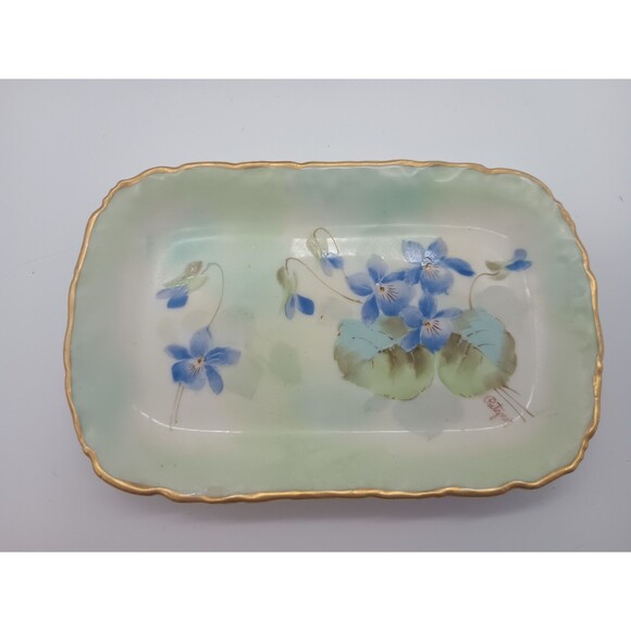 T&V Limoges France Violet Tray Vanity Dresser Signed Patzner Hand Painted Floral - Picture 2 of 9